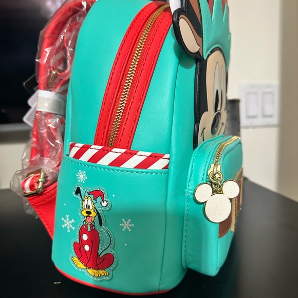 Disney Mickey Mouse Aqua and Brown Elf Backpack with Holiday Hat - Picture 8 of 9